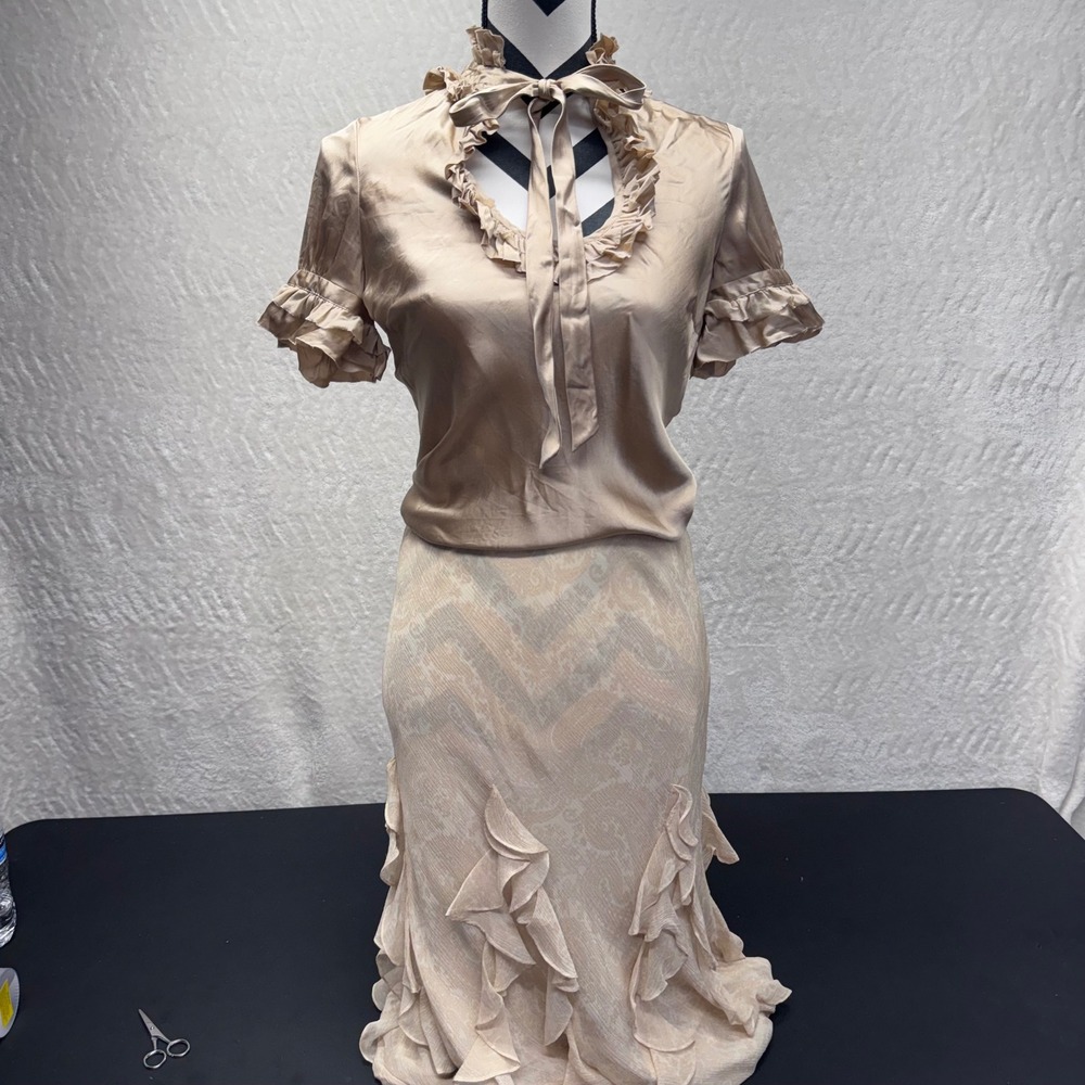 Lauren Ralph Lauren Silk Paisley Ruffle Midi Skirt Tan Cream Large